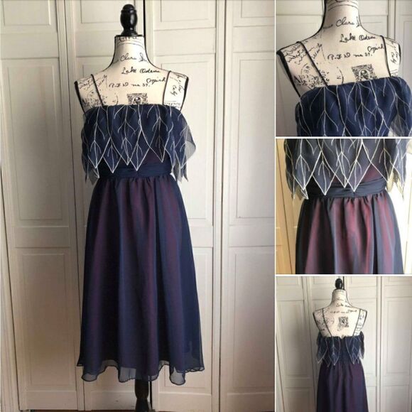 NAVY BLUE AND BURGUNDY VINTAGE DRESS, SIZE SMALL - Picture 1 of 8